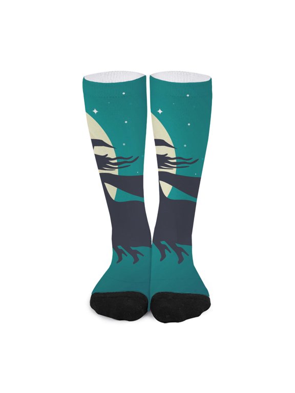 Full Moon Halloween Flying Witch Print Long Socks