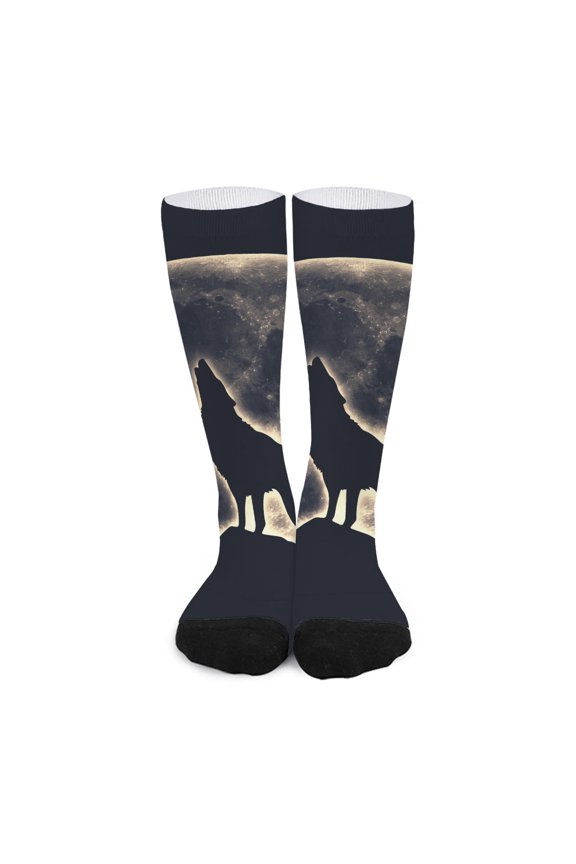 Full Moon Howling Wolf Print Long Socks