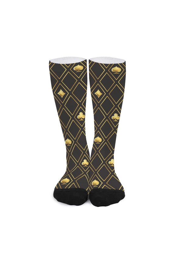 Gold Playing Card Suits Pattern Print Long Socks
