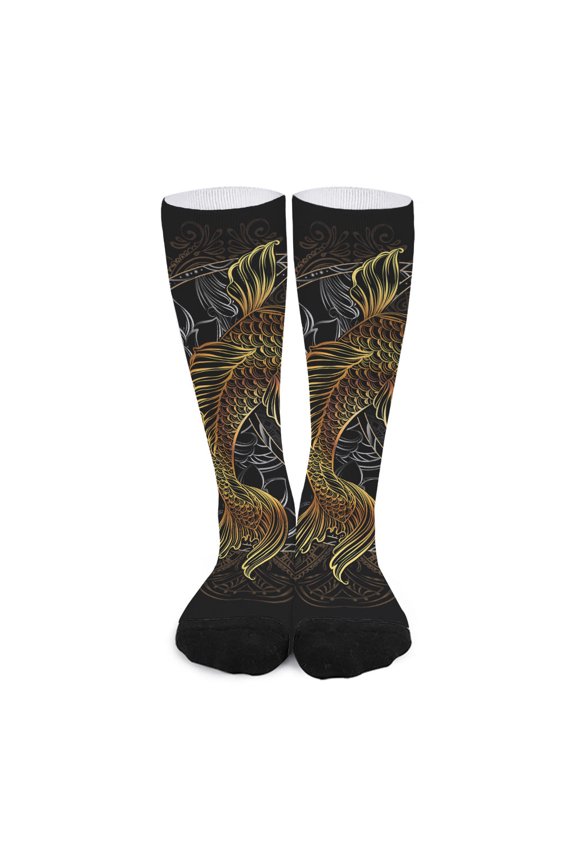 Golden Spiritual Koi Fish Print Long Socks