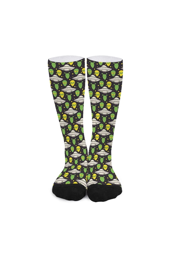 Green Alien Ufo Space Print Long Socks