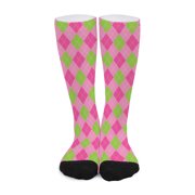 DIQADILA Green and Pink Argyle Pattern Print Long Socks