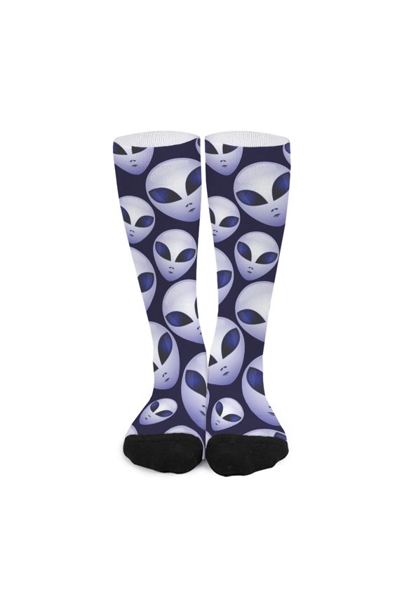 Grey Alien Face Pattern Print Long Socks