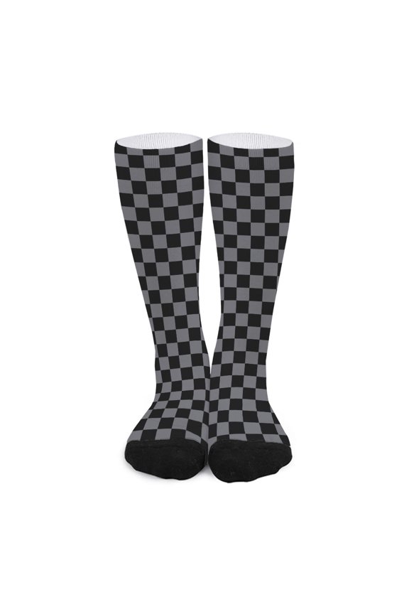 Grey and Black Checkered Pattern Print Long Socks