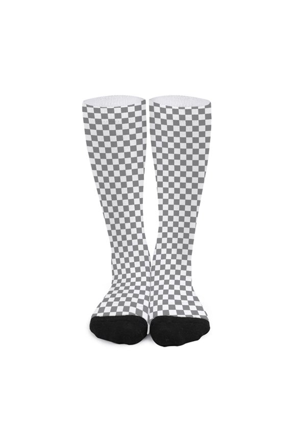 Grey and White Checkered Pattern Print Long Socks