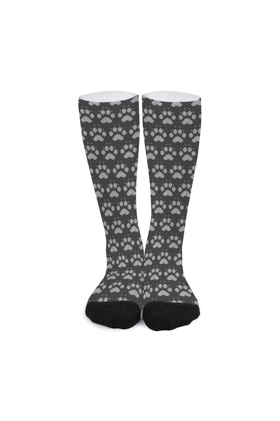 Grey and White Paw Knitted Pattern Print Long Socks