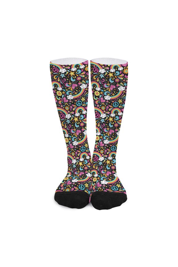 Groovy Hippie Peace Pattern Print Long Socks