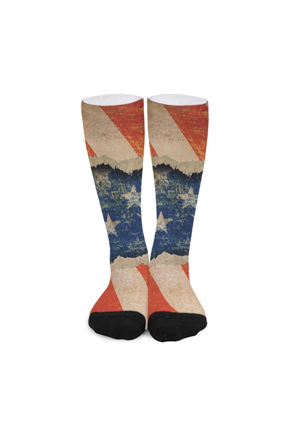 Grunge Ripped Paper American Flag Print Long Socks