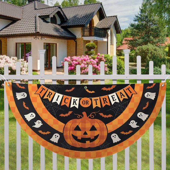 DIQADILA Halloween Checkered Fence Flag Semi-Circle Banner Yard Decor, 1-Sided Printed Lightweight 3 Grommets, Size 18x36in