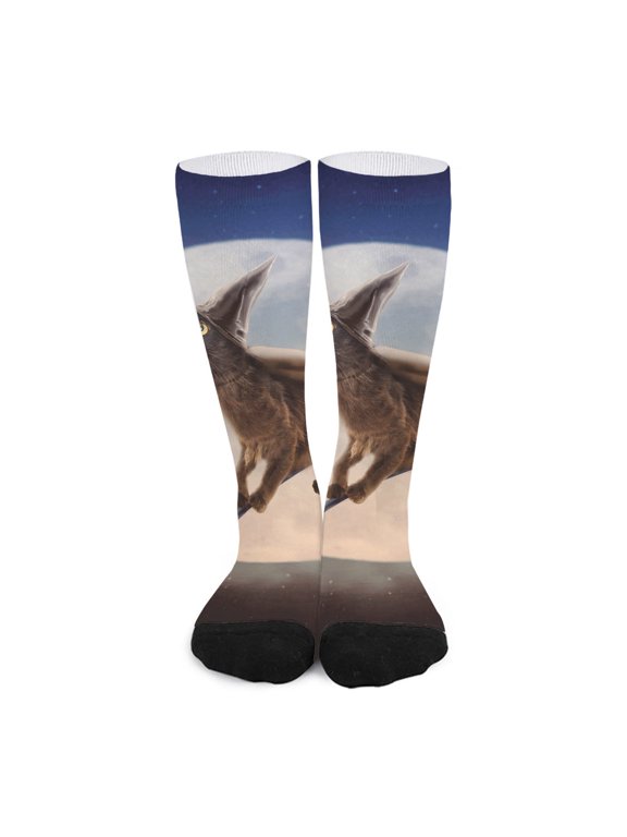 Halloween Flying Witch Cat Print Long Socks