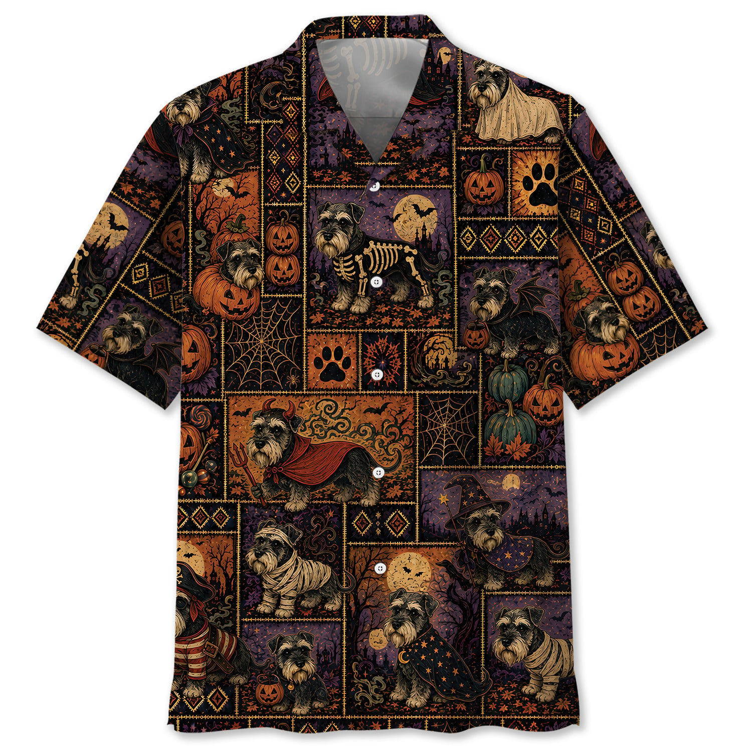 DIQADILA Halloween Schnauzer Hawaiian Shirt Short-Sleeve Funny Print Unisex