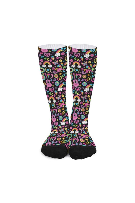 Hippie Peace Sign and Love Pattern Print Long Socks