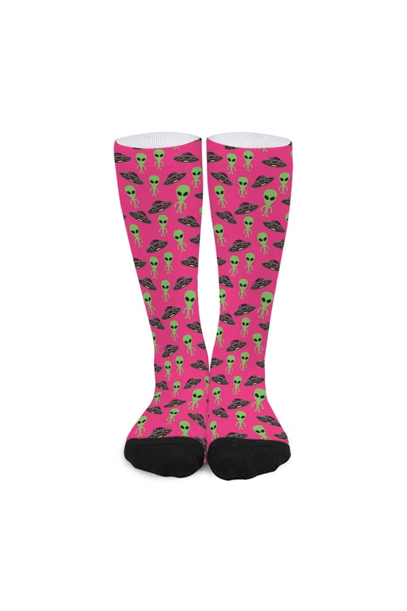 Little Green Alien Ufo Print Long Socks