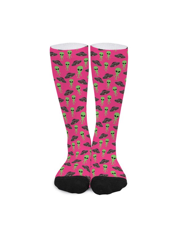 Little Green Alien Ufo Print Long Socks