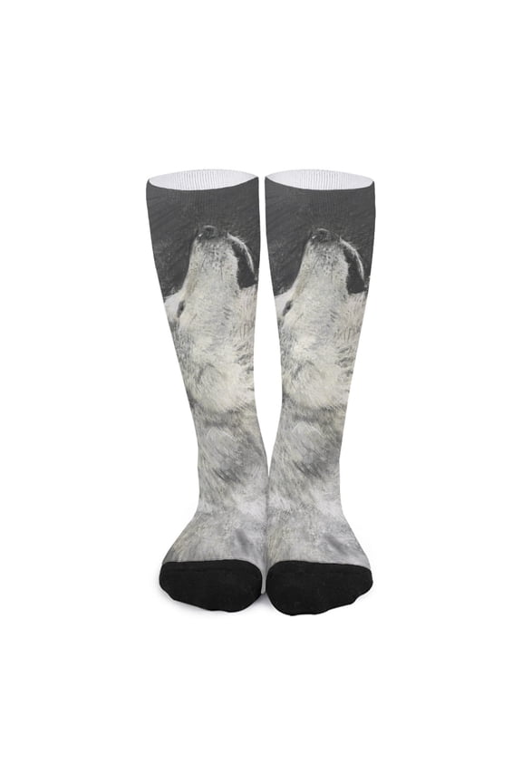 Monochrome Howling Wolf Print Long Socks