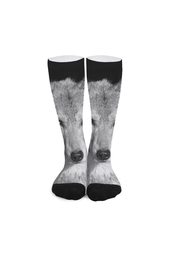 Monochrome Wolf Print Long Socks