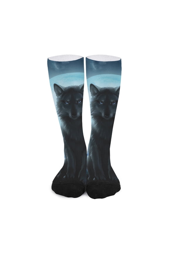 Moonlight Wolf Print Long Socks
