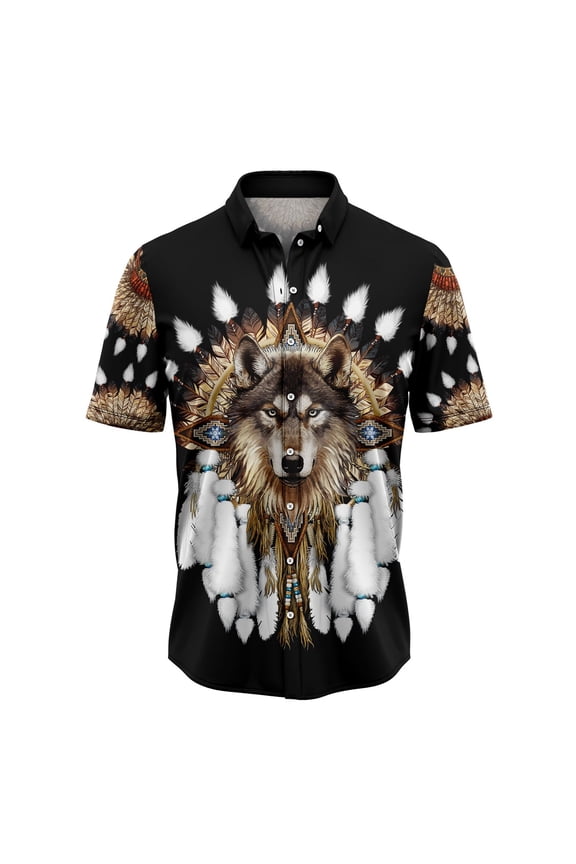 Native Wolf Aloha Hawaiian Short Sleeve Button-Up Shirt