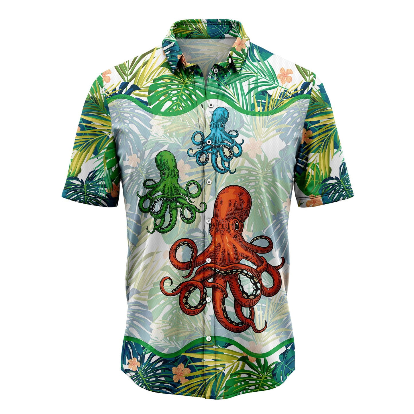DIQADILA Octopus Green Tropical Aloha Hawaiian Short Sleeve Button-Up ...