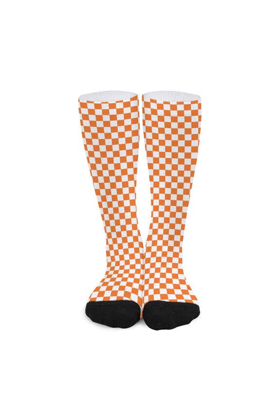 Orange and White Checkered Pattern Print Long Socks