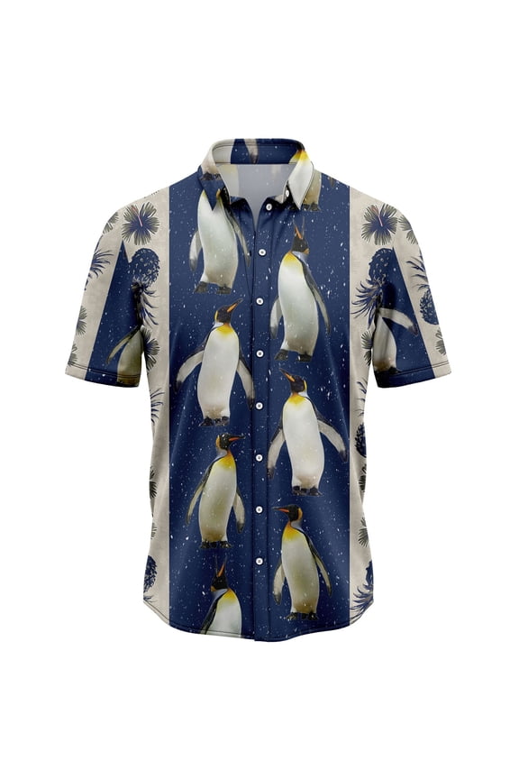 Penguin Pineapple Hibiscus Pattern Aloha Hawaiian Short Sleeve Button-Up Shirt