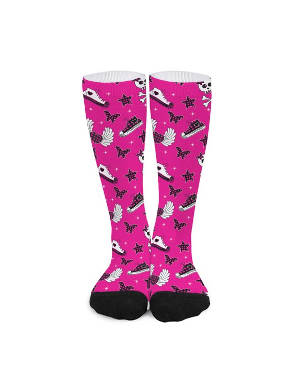 Pink Emo Symbols Pattern Print Long Socks