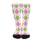 DIQADILA Pink Green and White Argyle Print Long Socks