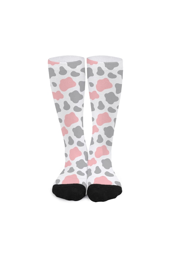 Pink Grey and White Cow Print Long Socks