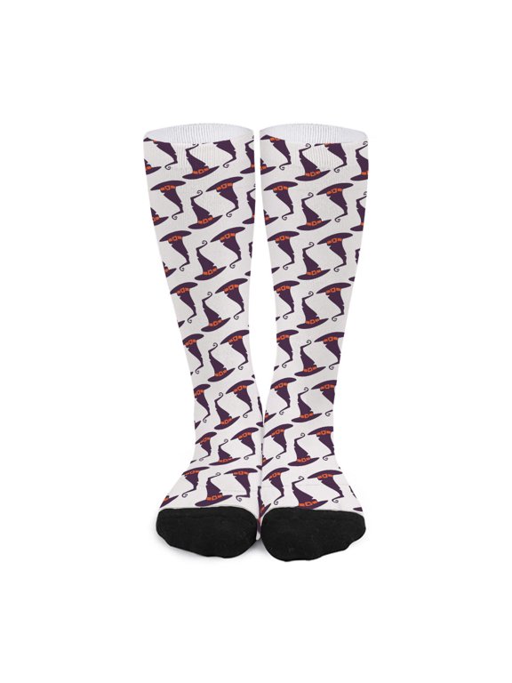 Purple Halloween Witch Hat Pattern Print Long Socks