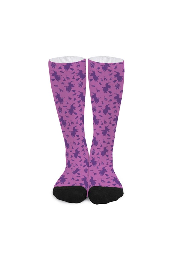 Purple Halloween Witch Pattern Print Long Socks