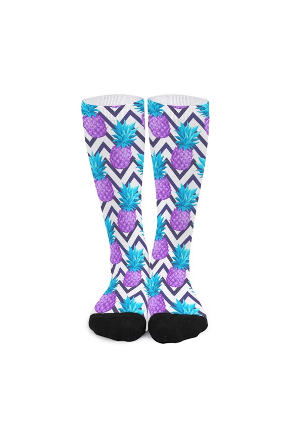 Purple Zig Zag Pineapple Pattern Print Long Socks