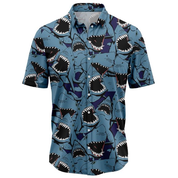 DIQADILA Shark Funny Group Aloha Hawaiian Short Sleeve Button-Up Shirt