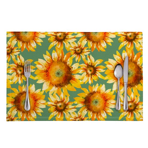 DIQADILA Sunflower Watercolor Placemat Set - Elegant Sage Green Floral Design for Dining Table Decoration - Stylish Sunflower Pattern Print - Decorative Kitchen Table Mats - Home Decor Accent Piece