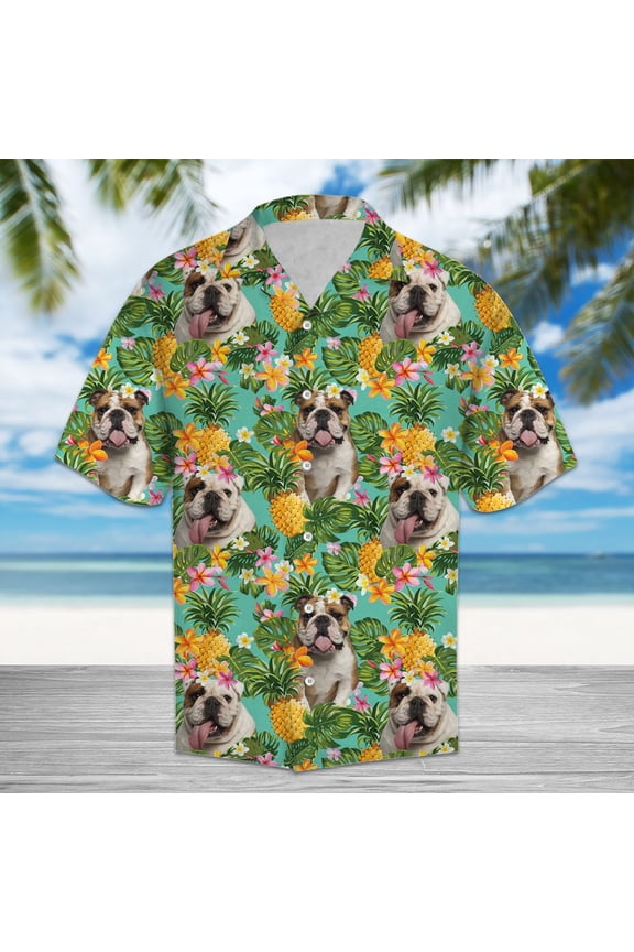 Tropical Pineapple English Bulldogs Aloha Hawaiian Short Sleeve Button-Up Shirts for Men and Women
