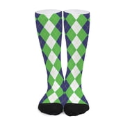 DIQADILA White Navy and Green Argyle Print Long Socks