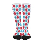 DIQADILA White Red and Blue Argyle Pattern Print Long Socks
