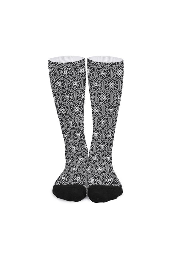 White and Black Lotus Pattern Print Long Socks