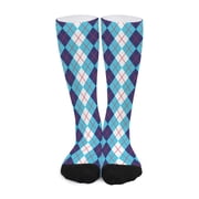DIQADILA White and Blue Argyle Pattern Print Long Socks