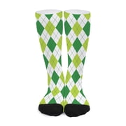 DIQADILA White and Green Argyle Pattern Print Long Socks
