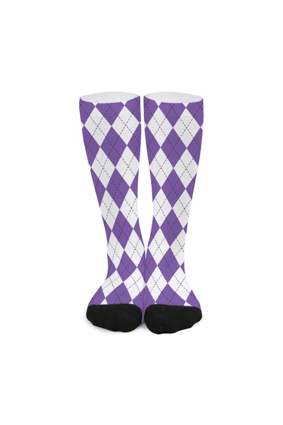 White and Purple Argyle Pattern Print Long Socks