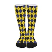 DIQADILA Yellow Blue and Black Argyle Print Long Socks