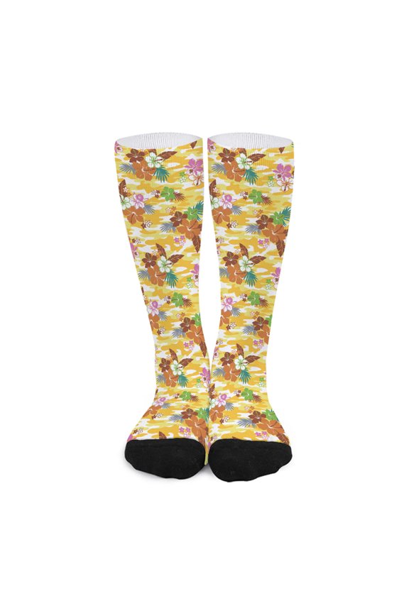 Yellow Camo and Hibiscus Flower Print Long Socks