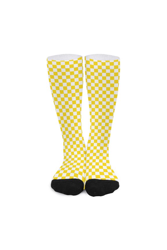 Yellow and White Checkered Pattern Print Long Socks