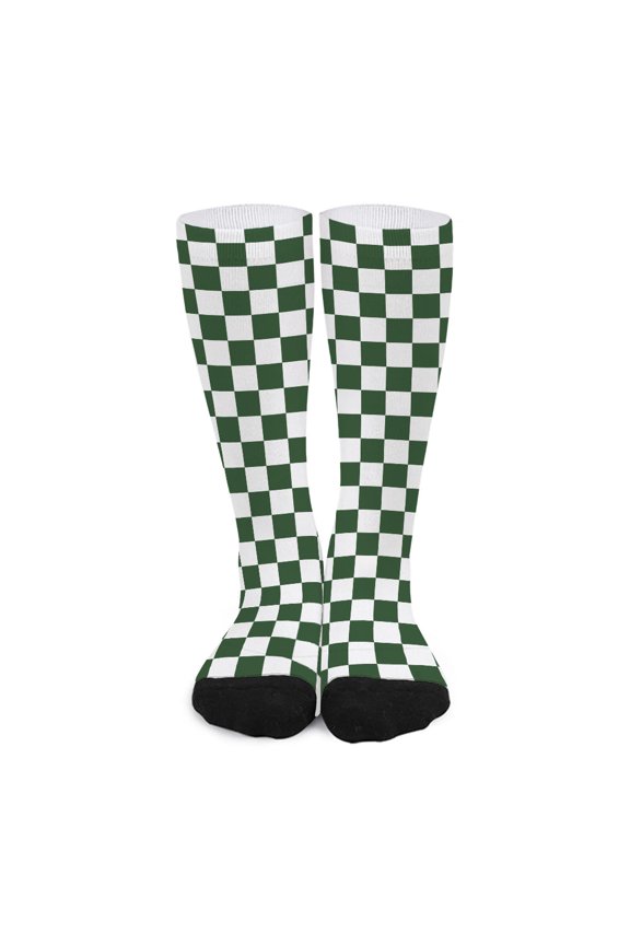 forest Green and White Checkered Print Long Socks