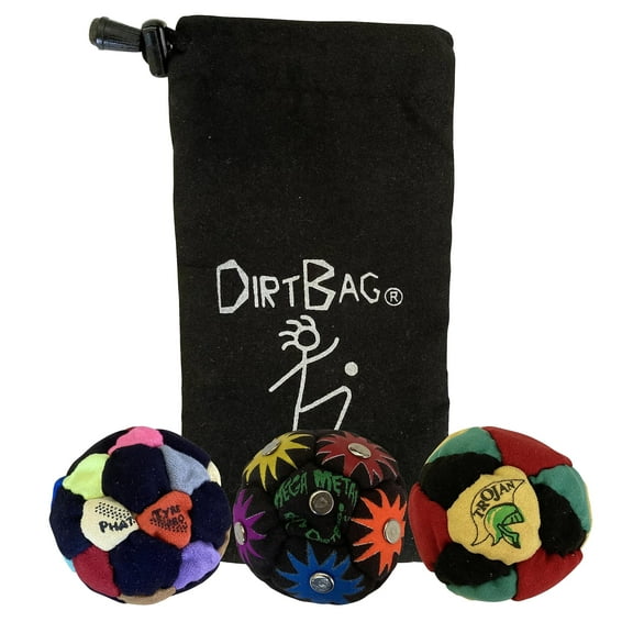 DIRTBAG Lover Footbag 3-Pack with Pouch, 100% Handmade, Multi-Color, Rainbow, Rasta, Blck Pouch