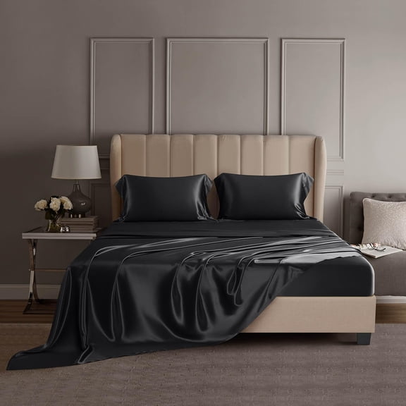 DISANGNI 22 Momme 100% Mulberry Silk Bedding Set - 4-Piece Luxury (2 Pillowcases, 1 Fitted Sheet, 1 Flat Sheet) - 6A Grade Natural Silk (Black, Twin)