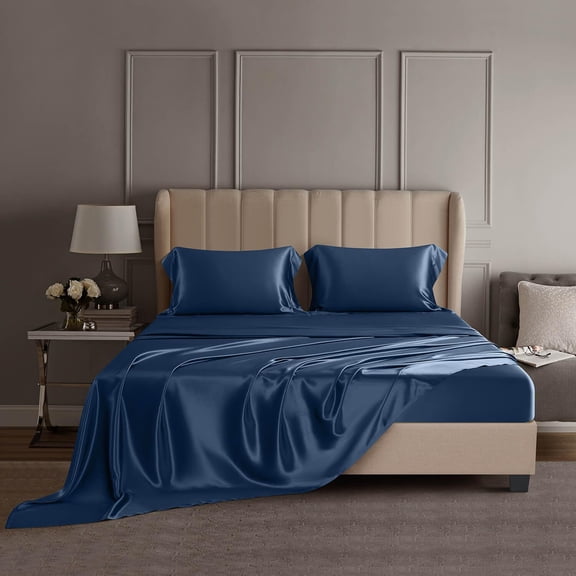 DISANGNI 22 Momme 100% Mulberry Silk Bedding Set - 4-Piece Luxury (2 Pillowcases, 1 Fitted Sheet, 1 Flat Sheet) - 6A Grade Natural Silk (Blue, Full)