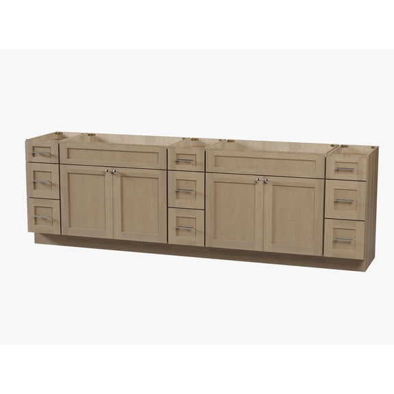 DISAR 108" Bathroom Vanity Base Only, 9 Drawer Layout, Shaker Style, Solid Wood Frame, Plywood Construction, 5-Layer Painted Finish, No Countertop, 108" x 22" x 34.5" (Natural Oak)
