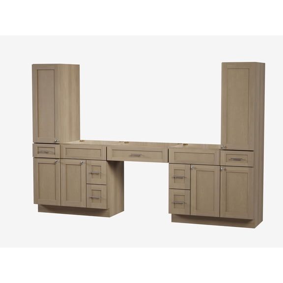 DISAR 108" Double Sink Bathroom Vanity Base with Tall Side Cabinets and Center Makeup Desk, Shaker Style, Solid Wood Frame, No Countertop, 108" x 22" x 72" (Natural Oak)