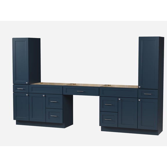 DISAR 108" Double Sink Bathroom Vanity Base with Tall Side Cabinets and Center Makeup Desk, Shaker Style, Solid Wood Frame, No Countertop, 108" x 22" x 72" (Navy Blue)